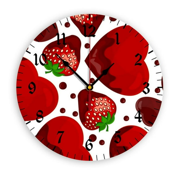 YladaFaie Strawberry Silent Non Ticking Round Wall Clock Home Decor Battery Operated Decorative for Living Room, Kitchen, Bedroom Clock Art