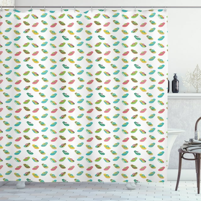 Flip Flop Shower Curtain, Foam Thong Sandals Design Pattern Including Polka Dots Stripes Crooked Lines, Fabric Bathroom Set with Hooks, 69W X 84L Inches Extra Long, Multicolor, by Ambesonne