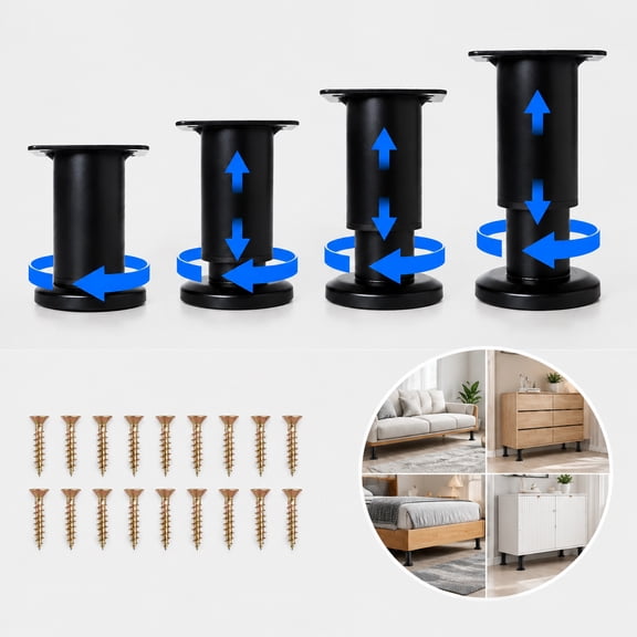 4 Pack Adjustable Height Metal Furniture Support Legs Heavy Duty Replacement Sofa Couch Cabinet Dresser Table Chair Legs Black Furniture Risers