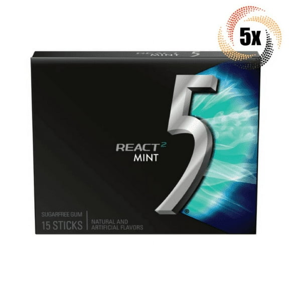 5x Packs 5 Gum React 2 Mint Flavor - 15 Sticks Per Pack