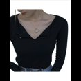 thumbnail image 3 of Camiseta de Larga y Cuello Redondo Estilo Francés para Mujer, Ideal para , Otoño e Invierno. Tops Interiores de Moda. Negro L, 3 of 10