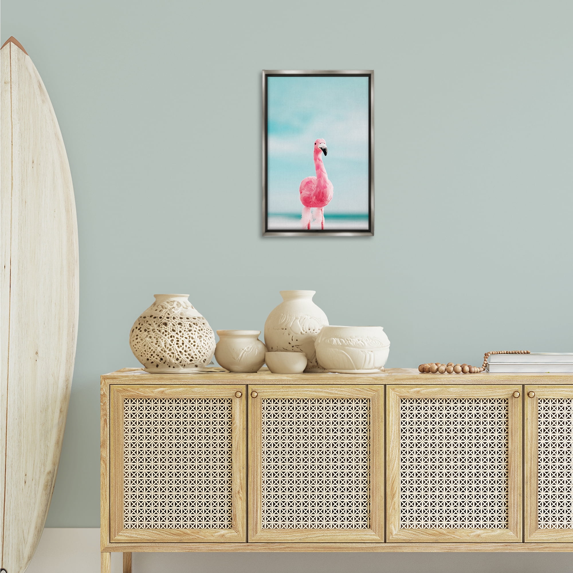 Stupell Industries Funky Summer Flamingo Nautical & Beach Photography Gray Floater Framed Canvas Art Print Wall Art, 17 x 25