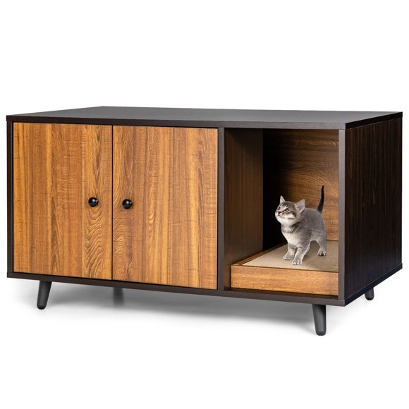 Costway Cat Litter Box Enclosure Cat Washroom Hidden Litter Box Enclosure Coffee