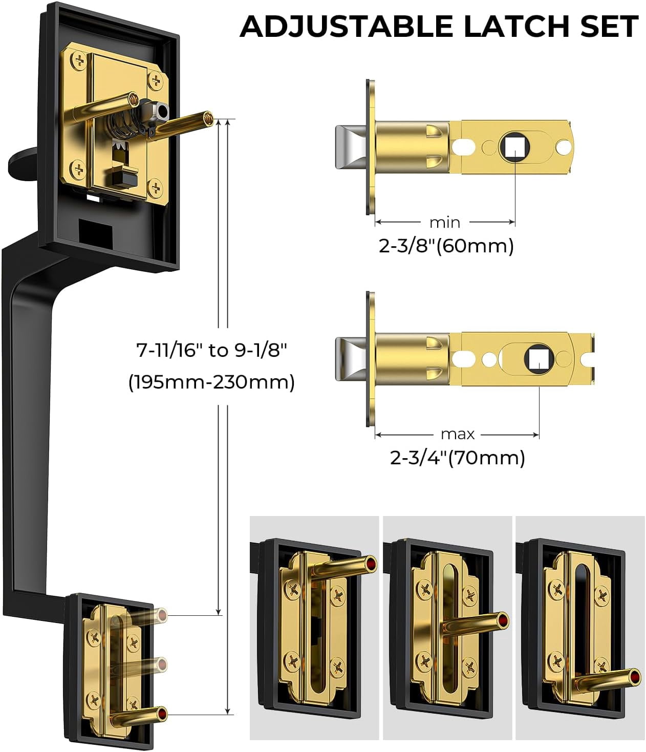 Klamerit Front Door Handle No Lock, Black Front Door Lock Set with Modern Knob, Adjustable Exterior Entry Handleset, Lower Half Grip