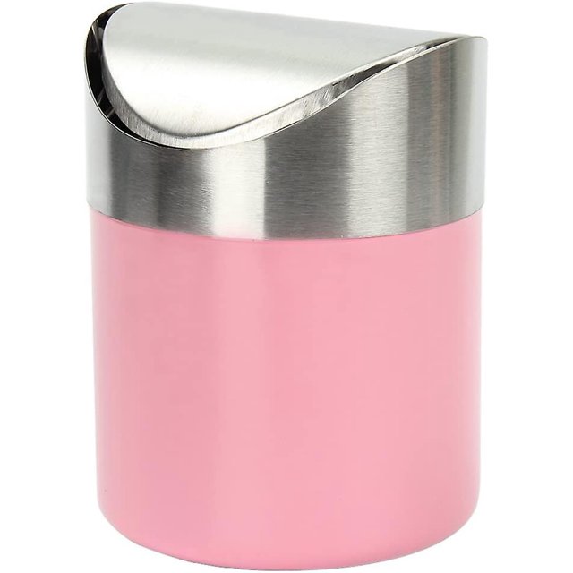 Papelera pequeña de acero inoxidable de color rosa con tapa abatible para la oficina, la mesa, el coche o el dormitorio