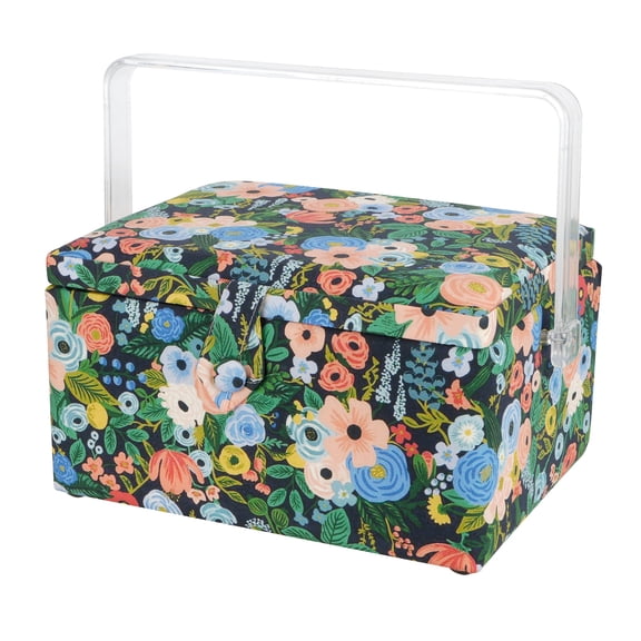 Loops & Threads Sewing Basket - Floral Fabric Padded w/ Tray & Pincushion - Blue - 11.5" x 8" x 6" - 1-Pack
