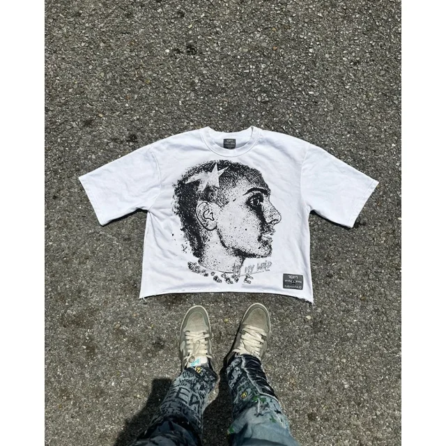 Camiseta holgada con estampado de retrato de dibujos animados de moda callejera estadounidense para mujer, estilo gótico Y2k, estilo harajuku, informal, versátil, de manga corta