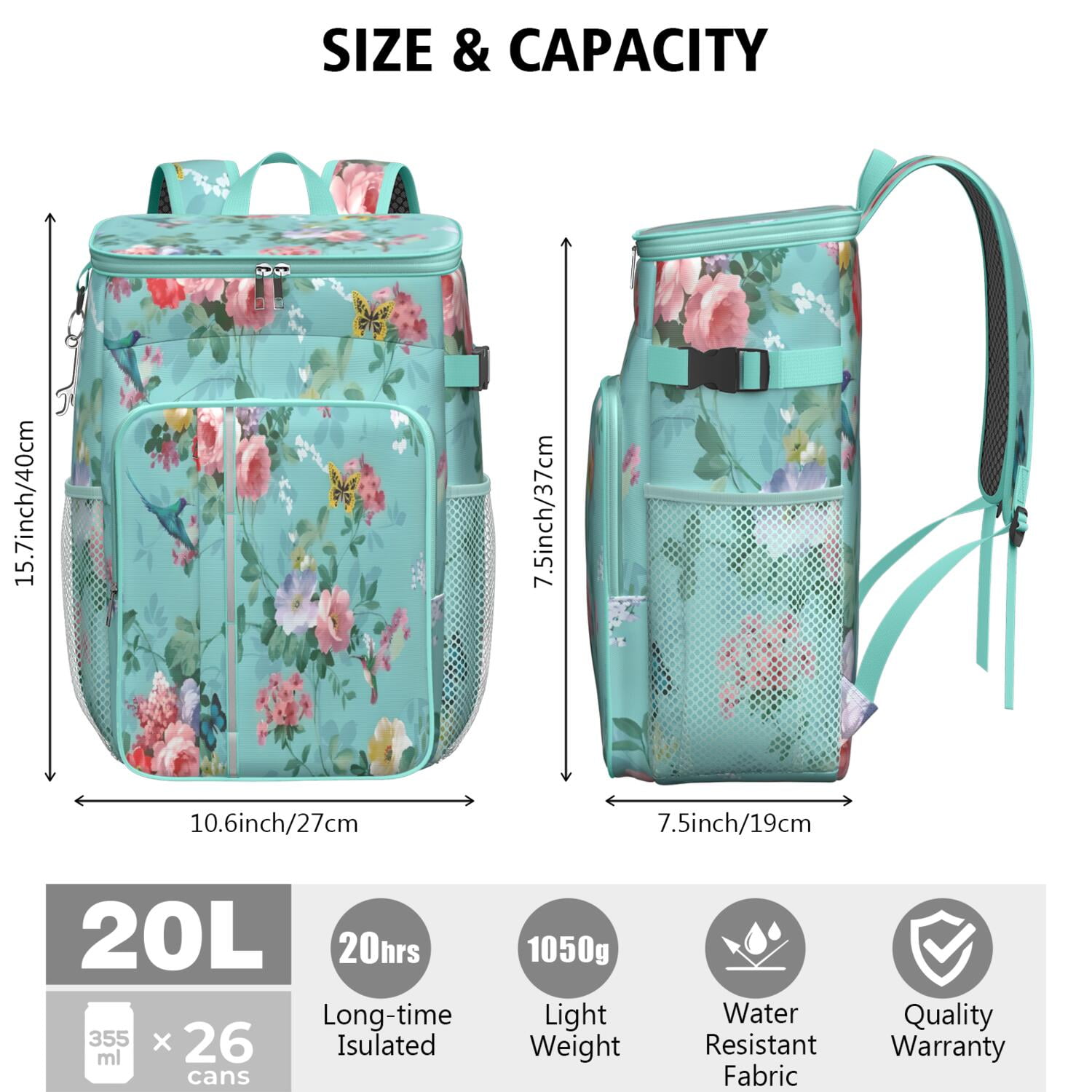 Travel Cooler Bag - Pioneer Flower Floral Print Pattern Camping Beer Cooler Backpack with Bottle Opener- Waterproof Insulated Picnic Backpacks - Cooler Bag for Beach