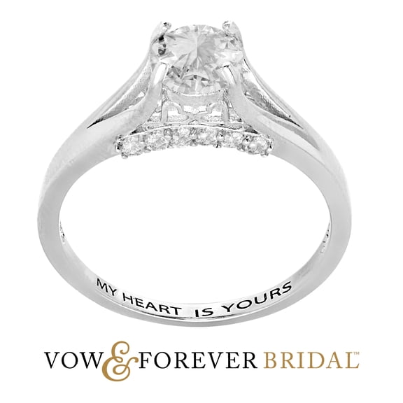 Vow & Forever Personalized Planet Bridal Platinum over Sterling Silver Brilliant White Topaz Engraved Wedding Ring ,Women's
