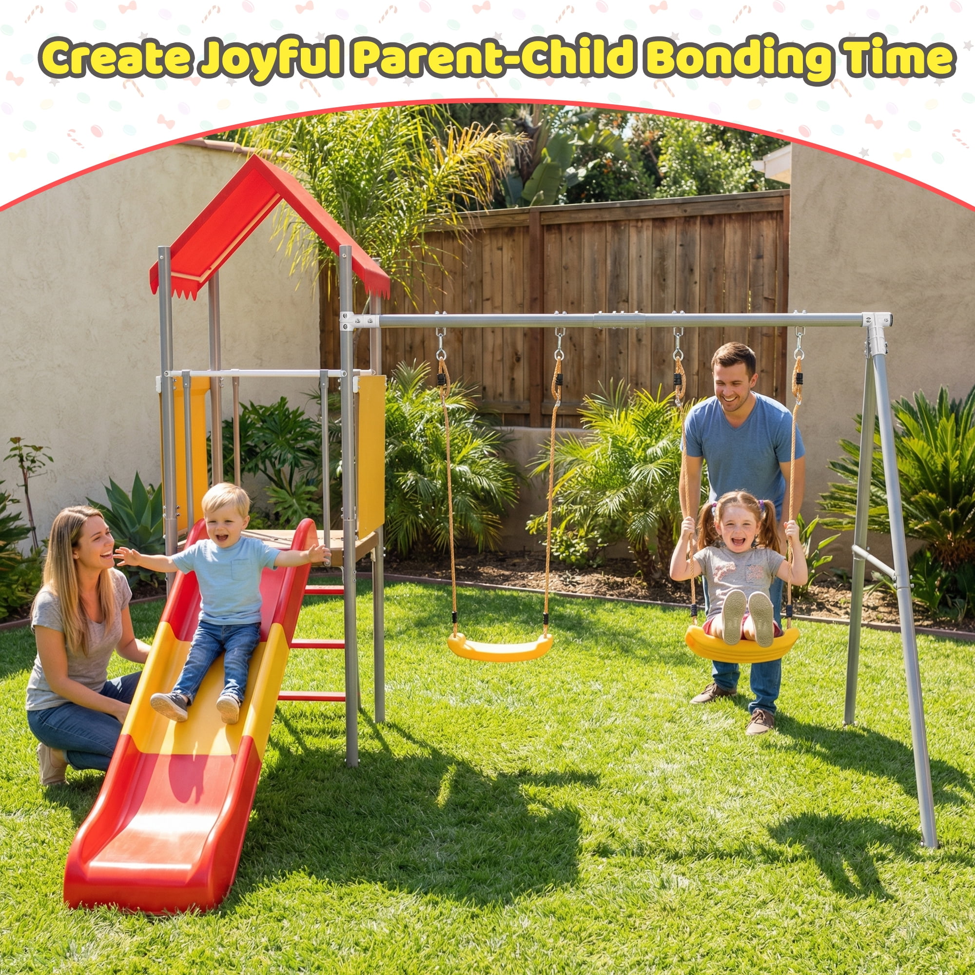 Leumius Metal Swing Sets for Backyard,Outdoor Playset with Slide,Heavy Duty Playground with 2 Swings,Durable Play Equipment with Canopy Roof, Flat-Step Ladder,Orange-Red