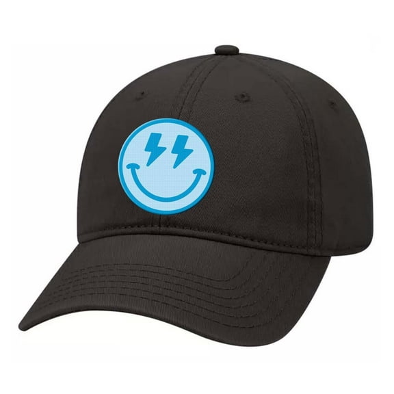 Happy Face Blue Smile Face Lightning Eyes Unisex Embroidered Twill Dad Hat, Black