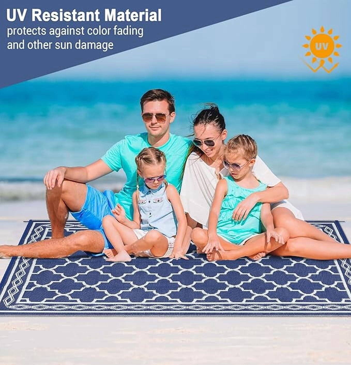 Outdoor Rug 8x10 Reversible Mats, Plastic Straw Rug, Large Floor Mat and Rug for Outdoors, Modern Area Rug, Patio, Backyard, Deck, Picnic, Beach, Trailer, Camping, Navy/White(Geometric)