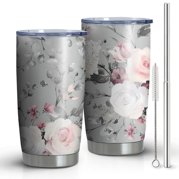 20oz Tumblers Pioneer Flower Floral Print Pattern Stainless Steel Vacuum Insulated Double Wall Travel Tumbler Cups Mug with Lid and Straw,Cleaning Brush for Cold & Hot Drinks