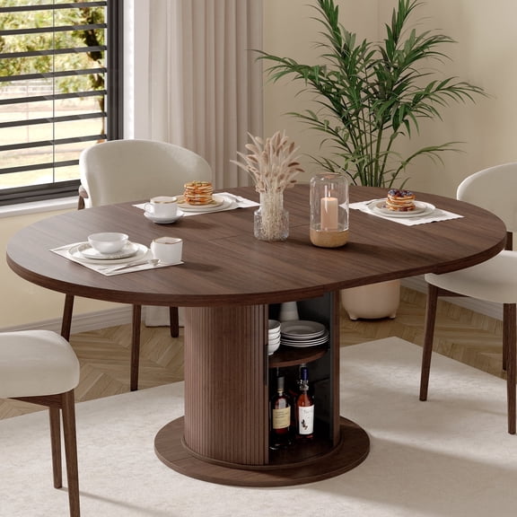 Round Dining Table for 4-8, Extendable Oval Kitchen Dining Room Table 47”-63” with Storage, Mid Century Modern Dinner Table, Walnut
