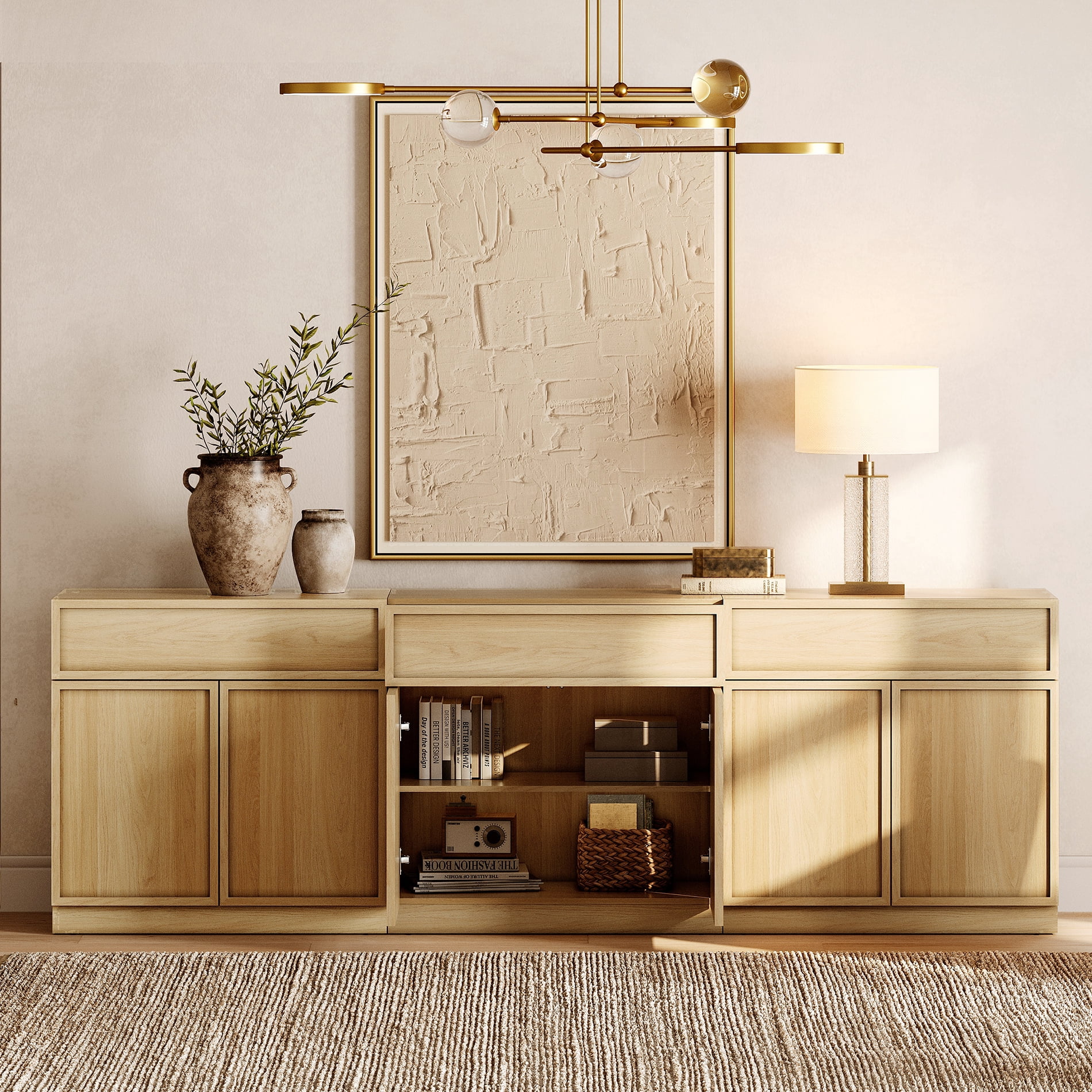 94.5" Modern Sideboard Buffet Cabinet with 6 Doors and Drawers, Multifunctional Sideboard with Large Storage and Adjustable Shelf, Oak