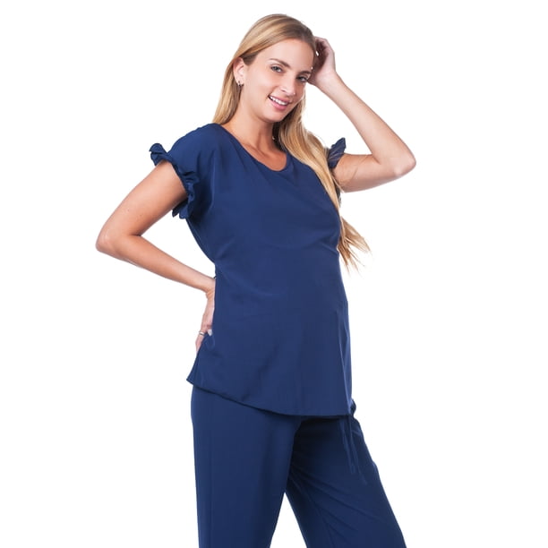Conjunto Maternidad Cómodo Ropa Embarazo Set Blusa Y Pantalon Casual Suave Color Azul Marino
