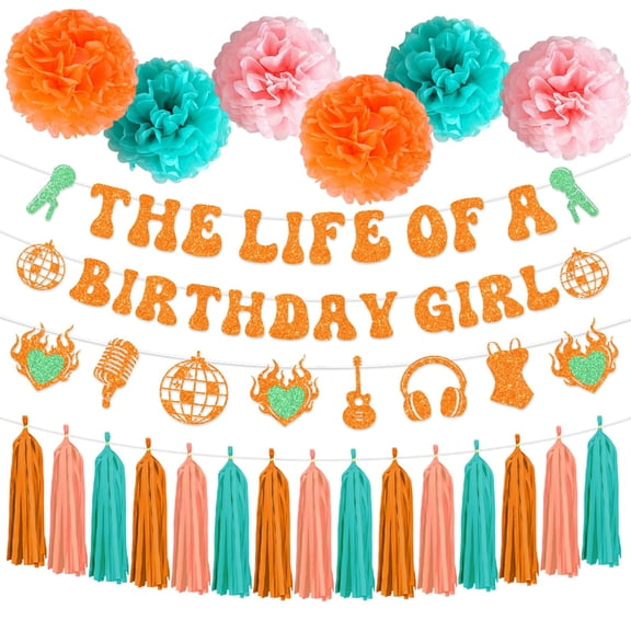 Aposwow The Life of a Birthday Girl Party Decorations, 24PCS Showgirl Themed Bday Party Decoration for Girls Women, Orange Glitter Banner Paper Poms Tassel Garland Decor Supplies C113