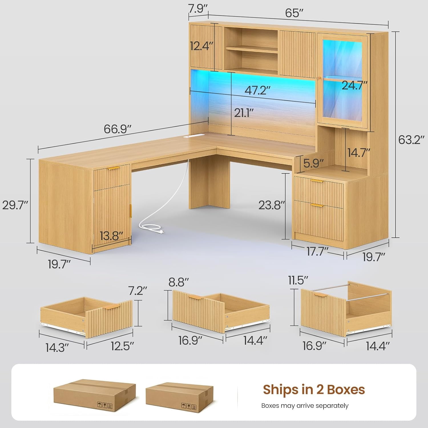 SEDETA 67" L Shaped Desk with Hutch, Corner Home Office Desk with Power Outlets, Fluted Computer Desk with File Drawer, Storage Cabinet & Glass Display Cabinet for Bedroom, Gaming Desk, Oak