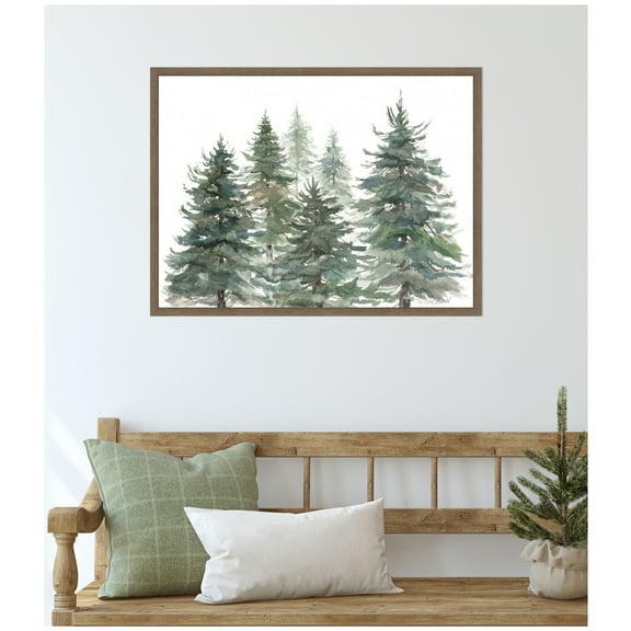 Kate and Laurel Framed Canvas Wall Art Print 'Pines And Evergreens' by Patricia Shaw, 24 x 18 Sylvie Walnut Frame, Rustic Farmhouse, Landscape Art for Wall Decor