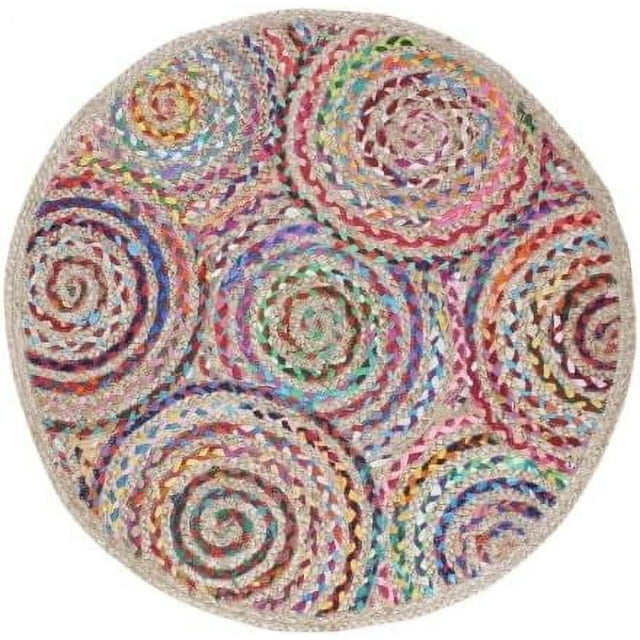 Indian Handwoven Braided Natural Jute with Multi Cotton Inner Gole Design Jute Round Rug, Bedroom, Entryways, Dining Room, Hallways, Kids' Rooms, Size - (7' Round)