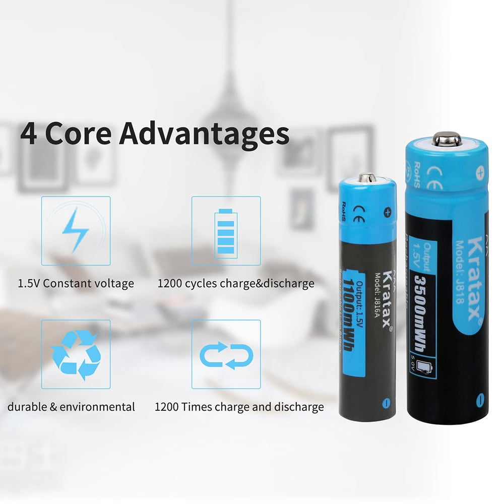 Kratax 1.5V Rechargeable AA AAA Lithium Batteries, 4-Pack 3500mWh Lithium AA Batteries and 4-Pack 1100mWh AAA Lithium Batteries with Charger
