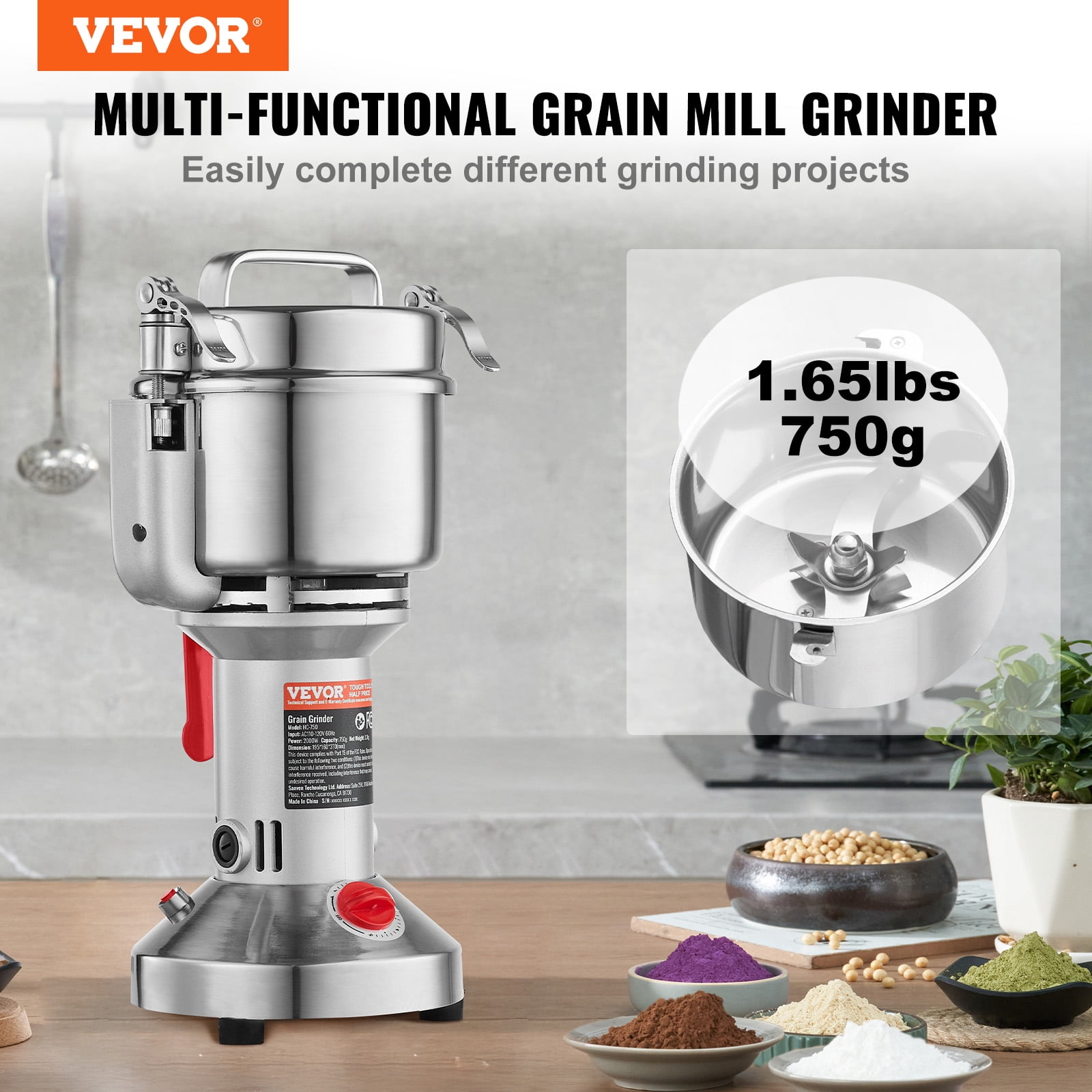VEVOR 750g Electric Grain Grinder,  304 Stainless Steel Pulverizer Powder Machine, High Speed 2000W Commercial Spice Grinders,for Dry Grain Spices Coffee Corn Pepper, Straight Type