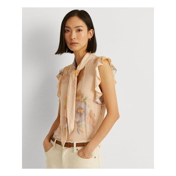 LAUREN RALPH LAUREN Womens Beige Floral Flutter Sleeve Tie Neck Top S