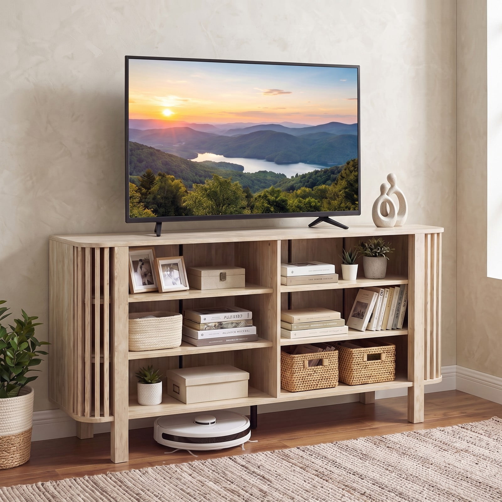 Furnibear 59 Inch TV Stand for TVs Up to 55 Inches, Wood Entertainment Center Media Console Table with 3 Adjustable Shelves and Slatted Sides for Living Room, Natural
