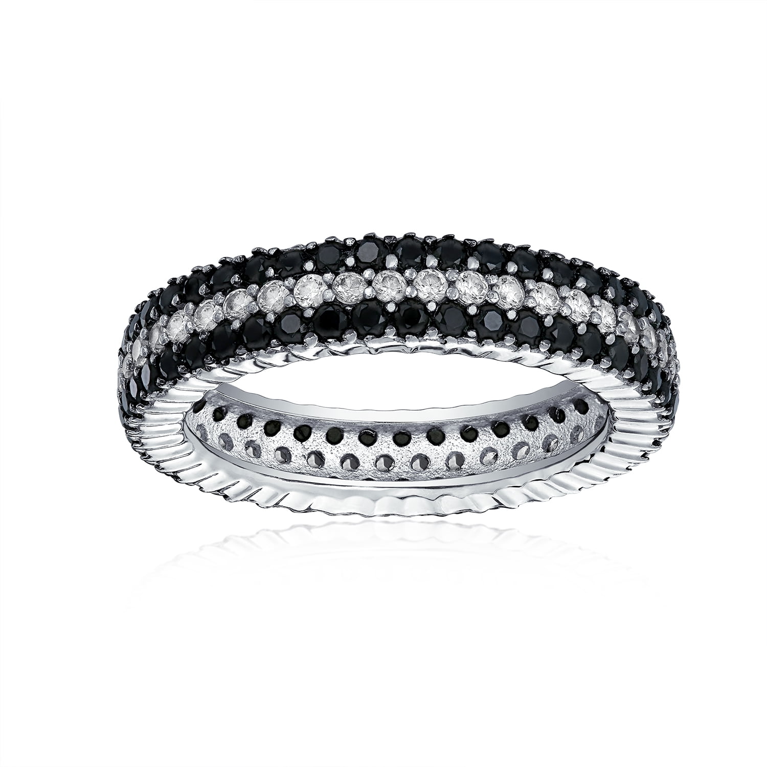 Eternity Band Black Spinel Gemstone 925 Sterling Silver Pave Zigzag Stack Ring 