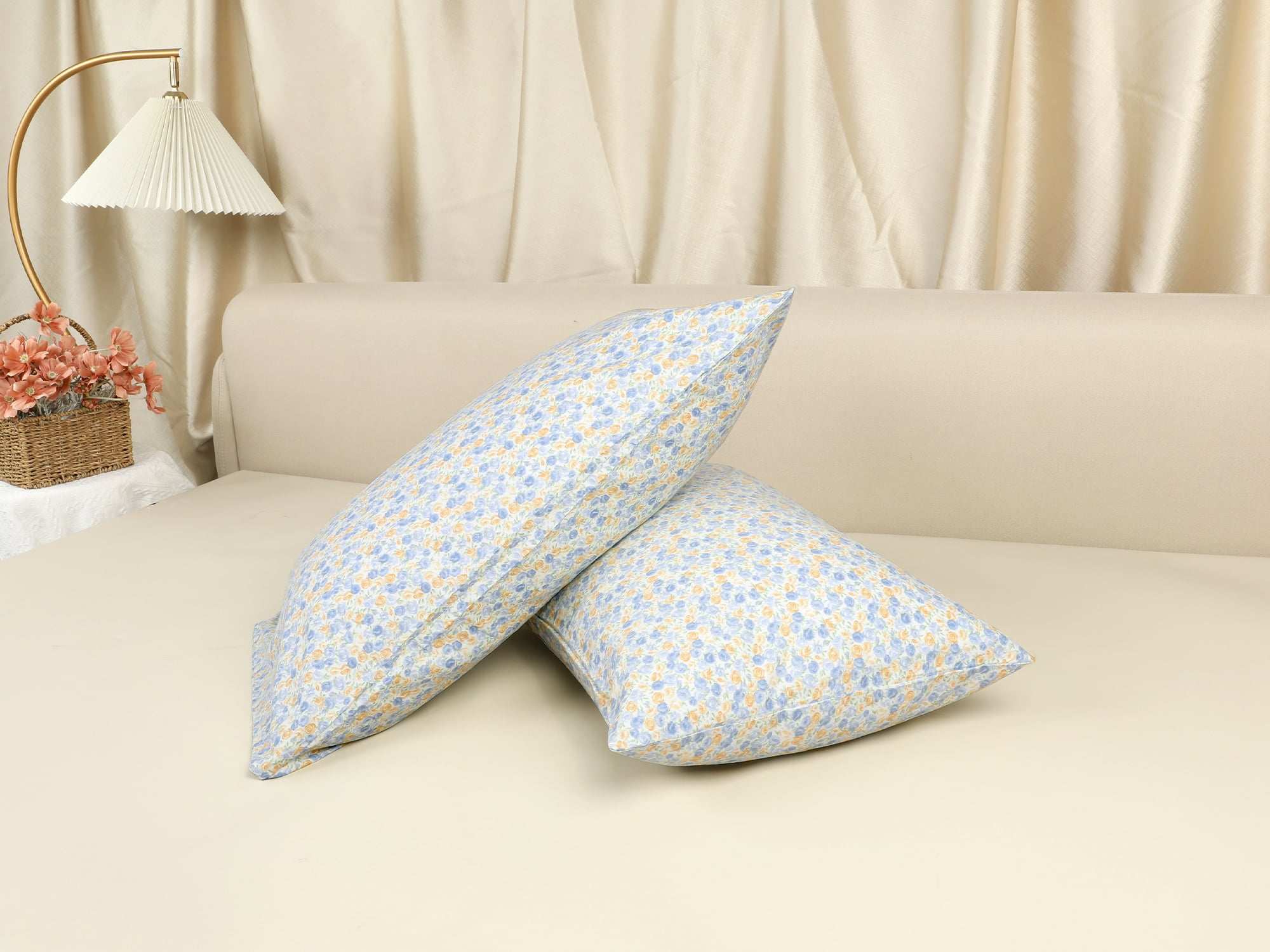 Unique Bargains 2 pcs Pillowcase for Hair and Skin Soft Cotton Floral Pillow Cases Yellow