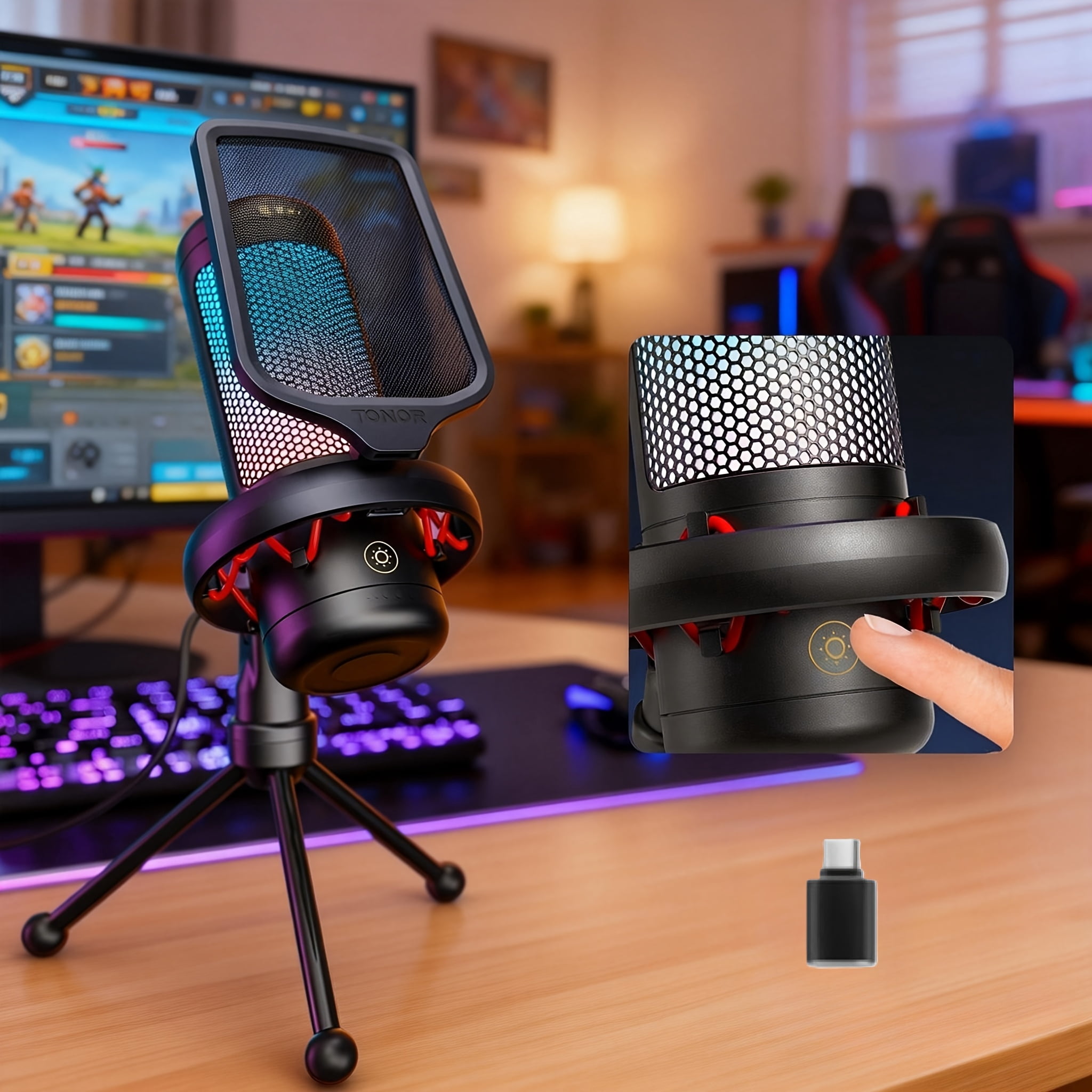 USB- Compatible RGB Gaming Microphone with Boom Arm & Shock Mount - USB- Condenser Mic Suitable for Streaming, Podcasting, Voice Recording, PC Computer Setup, Pop Filter System for Studio Recording