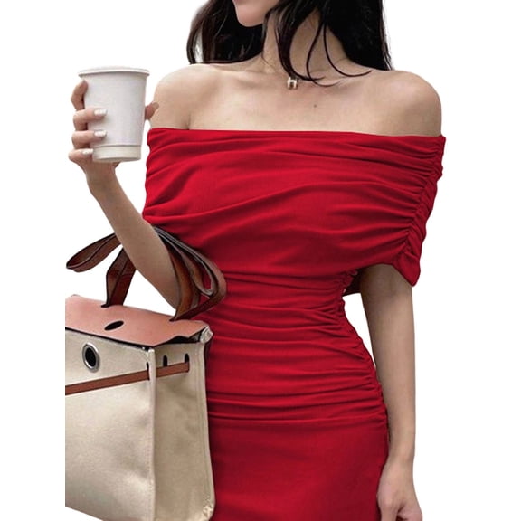 Women'S Offshoulder Low Breast Split Strap Slimming Dress Long Skirt Embellished Dress Red S