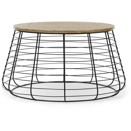 Pemberly Row Modern Metal and Wood Top Round Coffee Table in Black