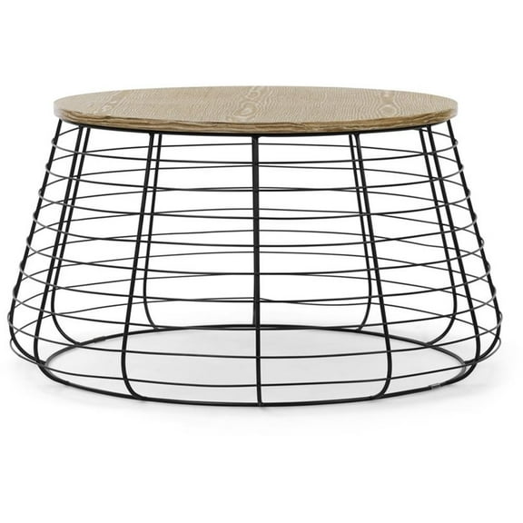Pemberly Row Modern Metal and Wood Top Round Coffee Table in Black