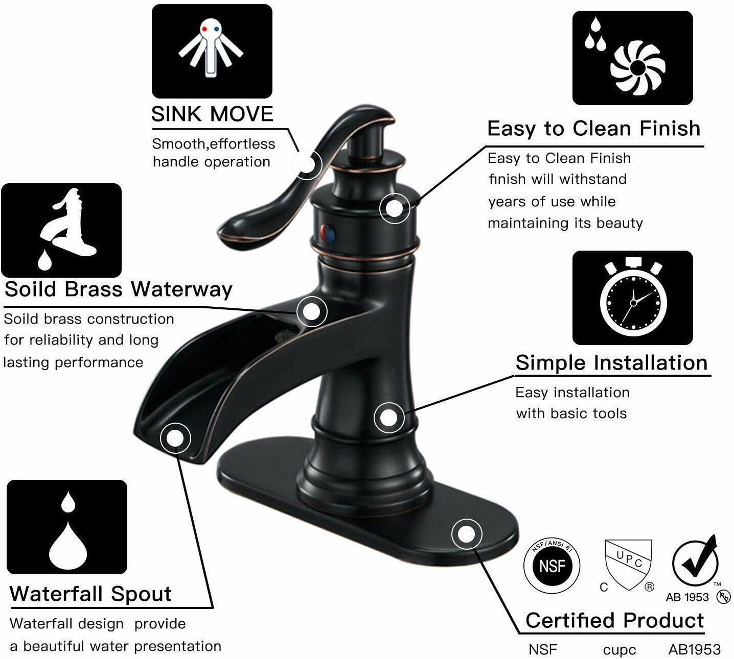 Zovajonia BWE Bathroom Sink Faucet Oil Rubbed Bronze Lavatory Waterfall Faucet One-Handle