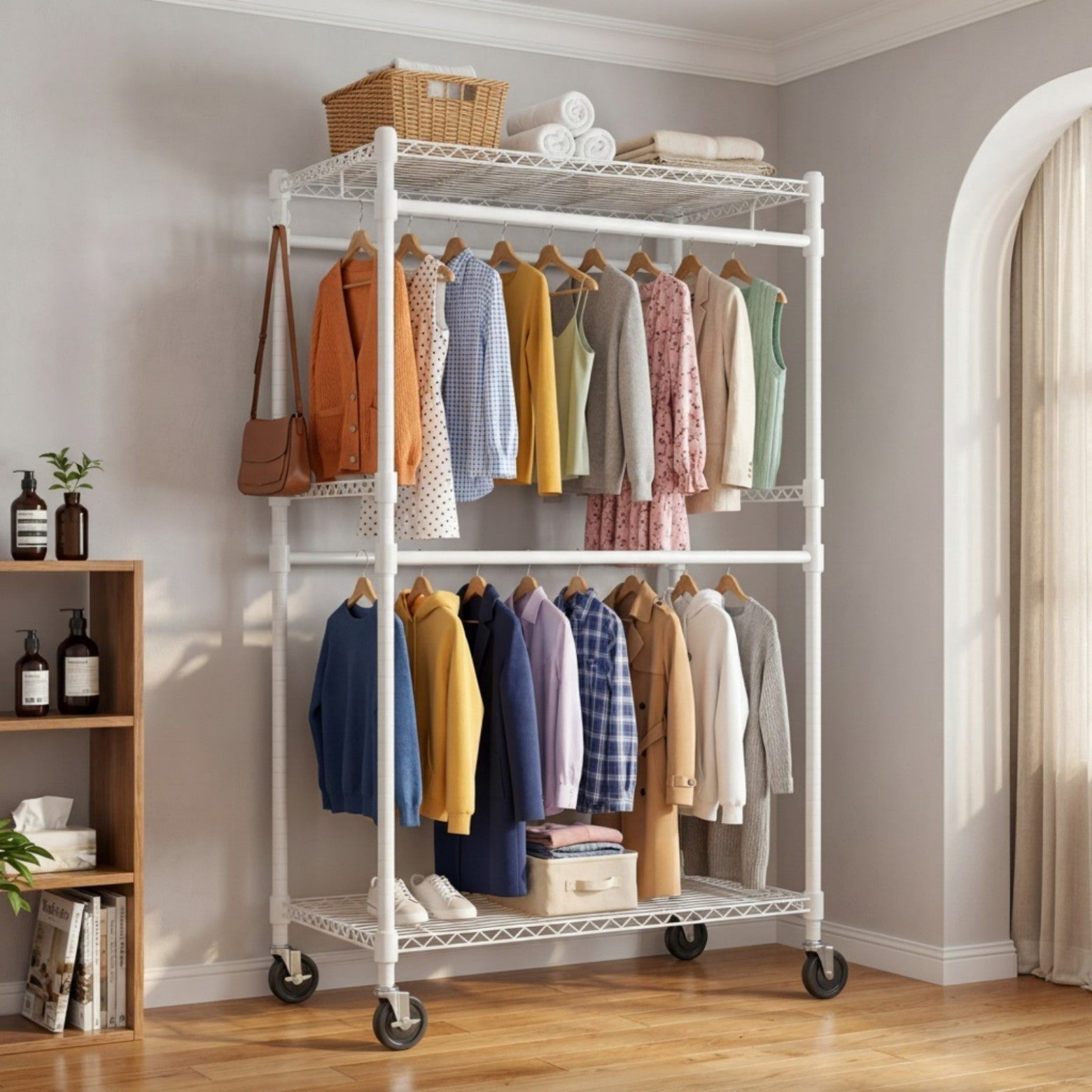 Sailvan Heavy Duty Rolling Clothing Rack, 300LBS Capacity Garment Rack with 4 Hanging Rods & 2 Shelves, Portable Closet, 35.5"W x 80"H,White