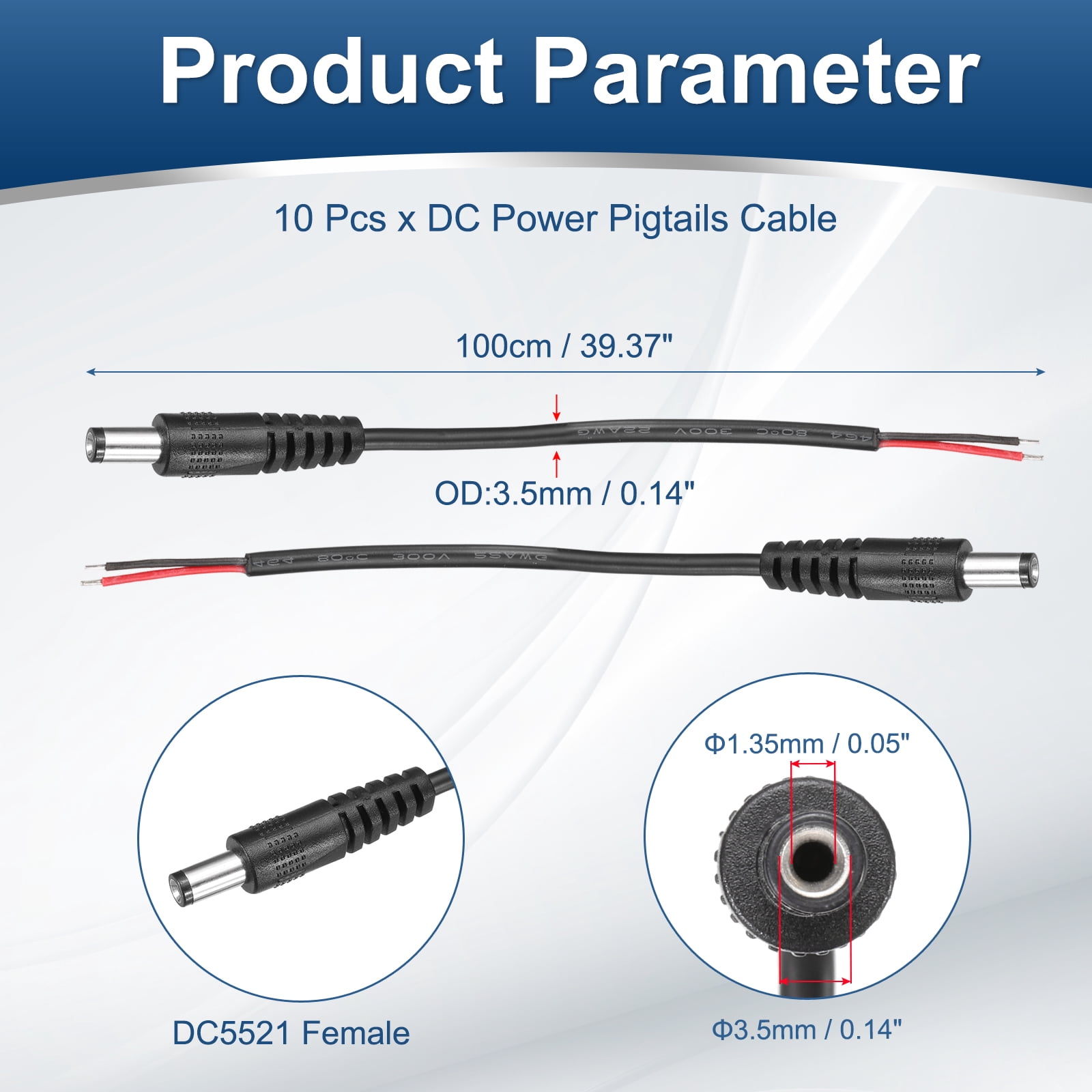Uxcell 10pcs DC Power Pigtails Cable, 3.5mm x 1.35mm Male Barrel Plug Connector to Bare Wire Open End 100cm for PC Laptop Toys Cellphone Electronic Devices