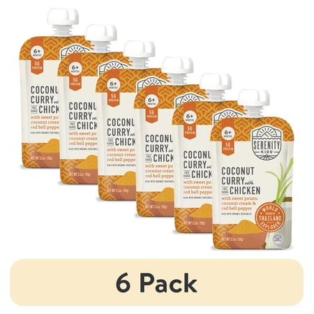 (6 pack) Serenity Kids Stage 2 World Explorer Coconut Curry Baby Food, Free Range Chicken & Organic Veggies, 3.5oz