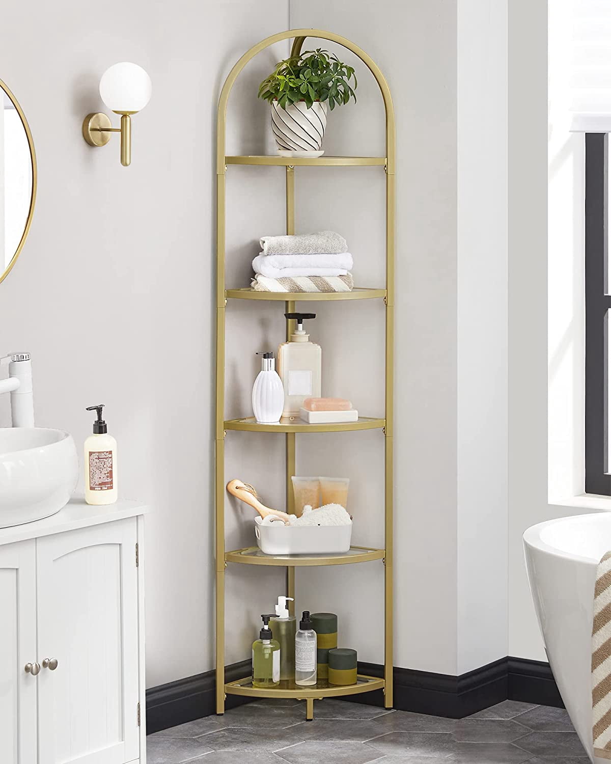 Corner Shelf, 5 Tier Corner Bookshelf,Tempered Glass Shelves