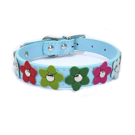 Colorful Floral Dog Collar | Blue Leather Dog Collar | Metal Buckle Dog Collar for Small Dogs | Girl Dog Collar for Everyday Walks