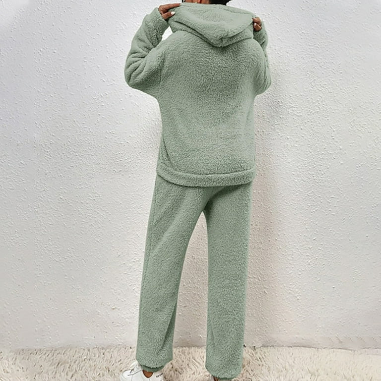 Ladies Polar Fleece 2 Piece Pants Sets, Long Sleeve Pocket Hoodie and  Trouser Pant Outfits Womens Winter Sleepwear (Medium, Green)