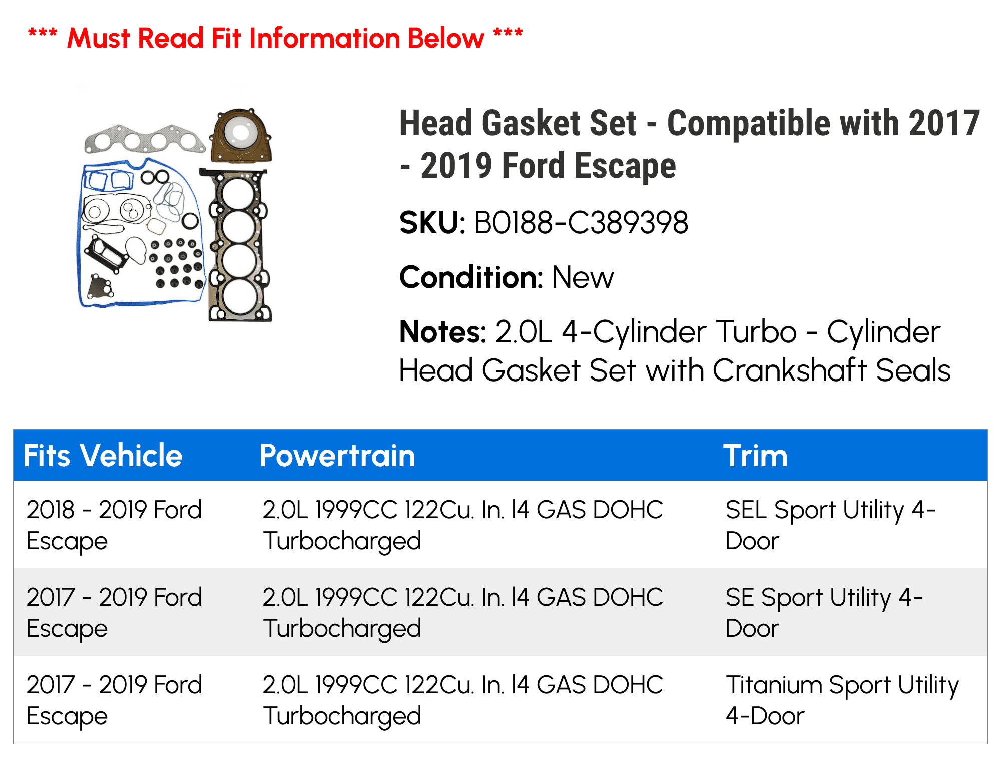 Head Gasket Set - Compatible with 2017 - 2019 Ford Escape - Replacement