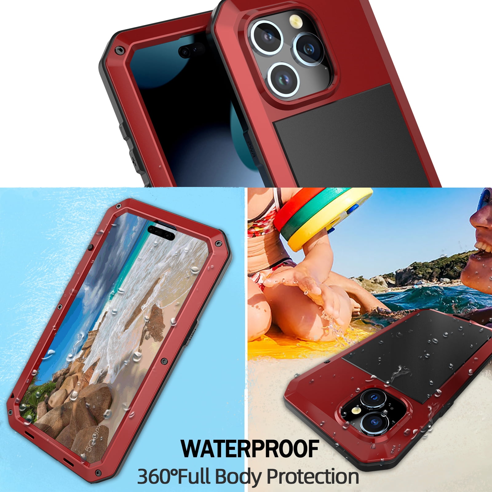 for iPhone 15 Case, 360 Full Body Protective Cover Heavy Duty Shockproof Armor Aluminum Alloy Metal Case with Silicone Built-in Screen Protector for iPhone 15, Red