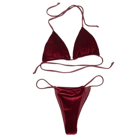 KCAHPAN Women's Two Pieces Bikini Set Swimwear Velvet Swimsuits Ladies Halter Top and Micro Thongs Bathing Suit for Vacations
