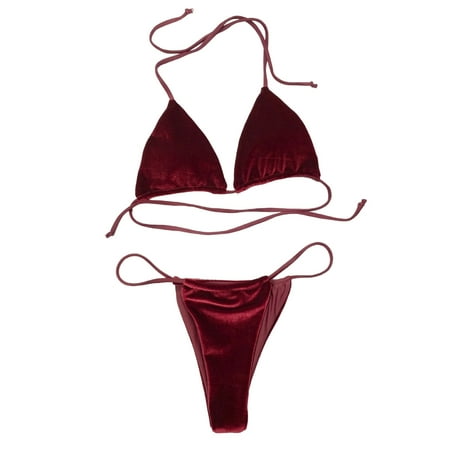 ZPAQI Women s Halter Top and Micro Thongs Set Two Pieces Bikini Velvet Bathing Suits