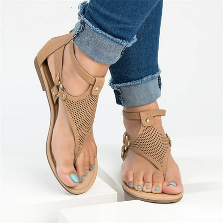 

HIMIWAY Sandals Women Womens Sandals Women s Casual Solid Hollow Out Open Toe Zipper Sandals Flat with Shoes Brown 37