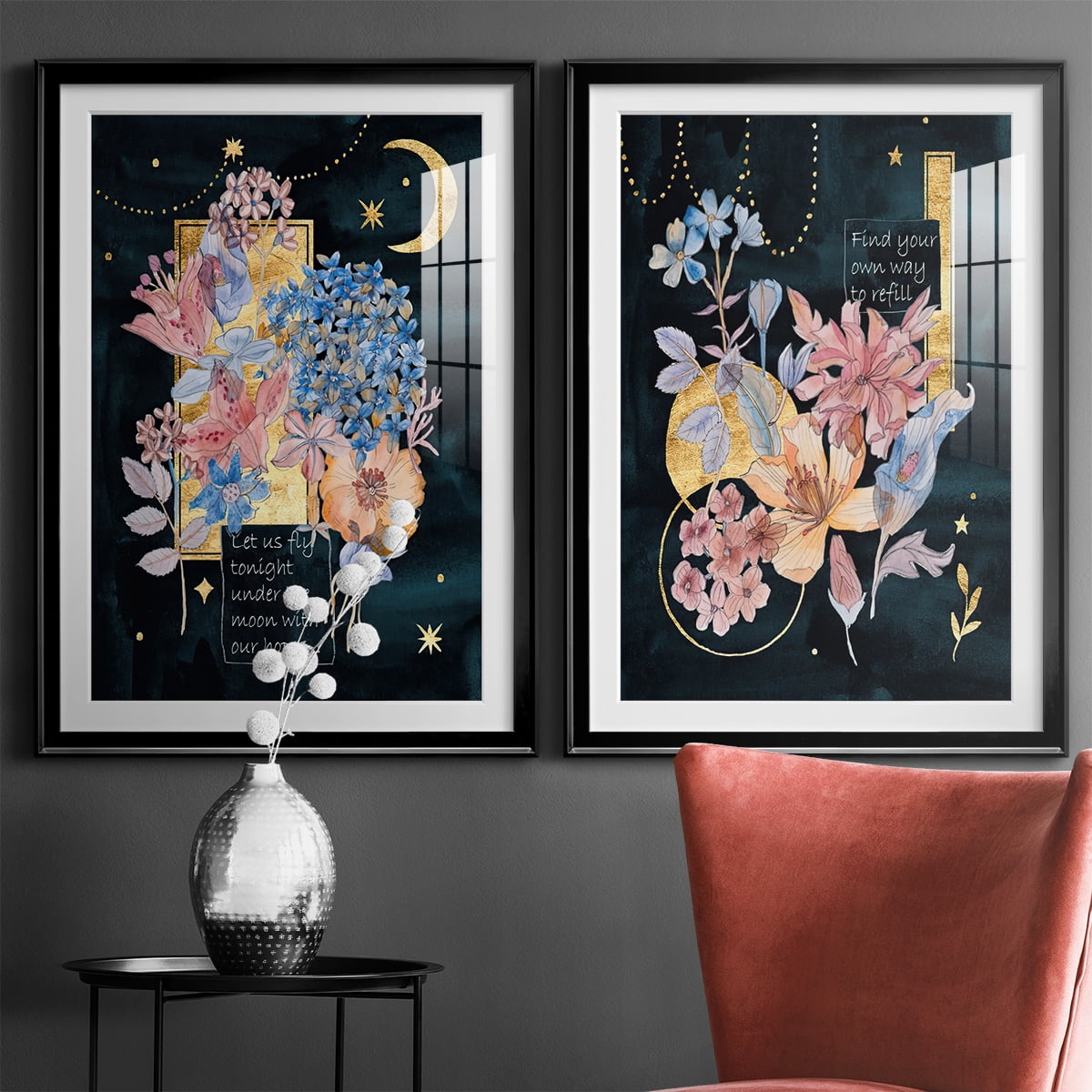 Wexford Home Moonlight Flowers I Premium Framed Print, 26.5" x 36.5" - Ready to Hang, Black (Set of 2)