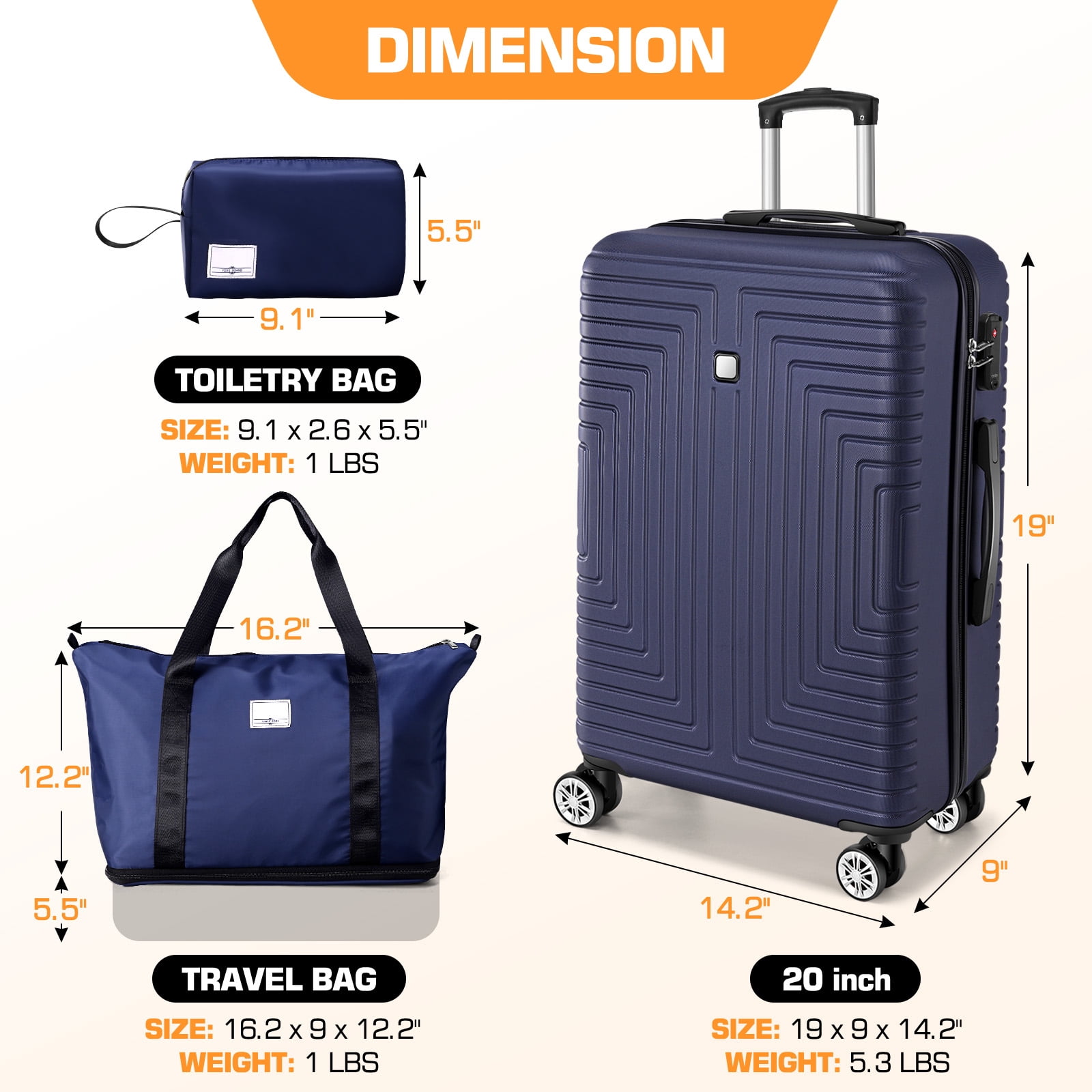 HOTEEL 20/24/28in Luggage Sets 5 Piece, PC Hardshell Suitcase with Spinner Wheels TSA Lock, Lightweight Travel Carry on Luggages with Luggage Bag&Toiletry Bag for Women and Men, Blue