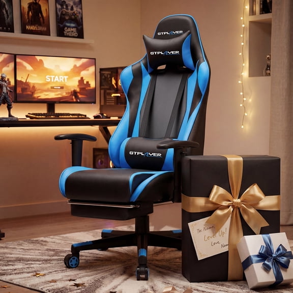 GTPLAYER Gaming Chair with Footrest Ergonomic Reclining Office Chair Swivel Rocker, Blue