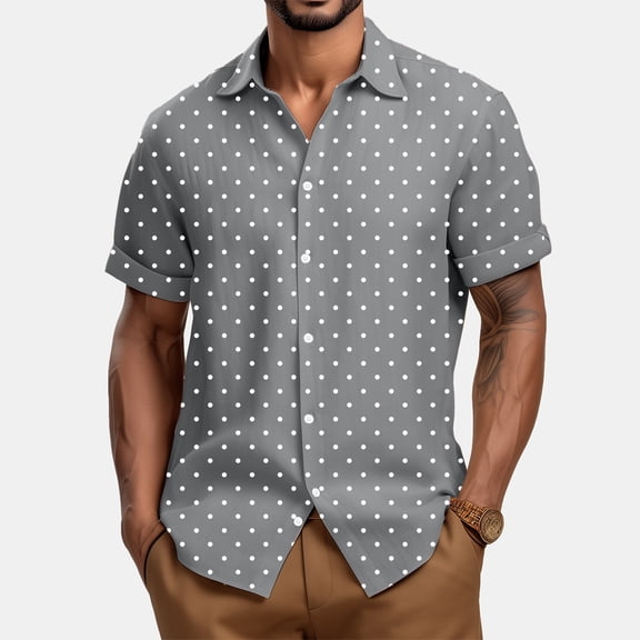 Mens Short Sleeve Collared Button Down Shirt Polka Dot Print Relaxed Fit Casual Beach Vacation Fashion Shirts Gray 4XL